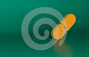 Orange Broken skateboard deck icon isolated on green background. Extreme sport. Sport equipment. Minimalism concept. 3D