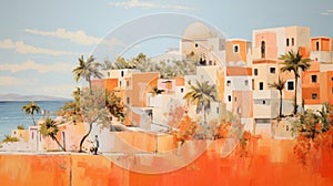 Orange Buildings And Houses: A Neo-classical Figurative Painting Over A Sea