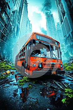 An orange bus in the middle of a city