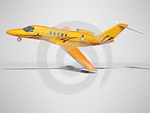 Orange business plane for flight side view 3d render on gray background with shadow