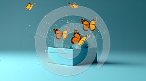 Orange butterflies fly out of a blue box on a blue background.