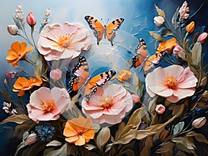 Orange butterflies painted with oil paints and delicate wildflowers Colorful oil paint art