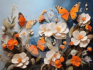 Orange butterflies painted with oil paints and delicate wildflowers Colorful oil paint art