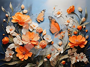 Orange butterflies painted with oil paints and delicate wildflowers Colorful oil paint art