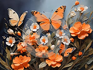 Orange butterflies painted with oil paints and delicate wildflowers Colorful oil paint art