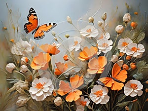 Orange butterflies painted with oil paints and delicate wildflowers Colorful oil paint art