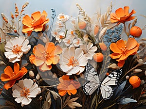 Orange butterflies painted with oil paints and delicate wildflowers Colorful oil paint art