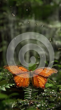 Orange butterfly against a background of green forest. Copy space.