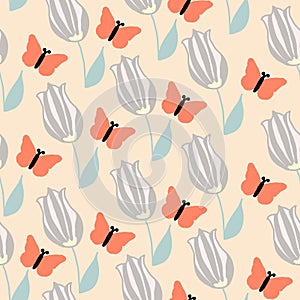 Orange butterfly and cream flowers, seamless pattern