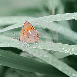 An orange butterfly sits on grass covered with morning dew. Concept background, insects, wildlife, spring