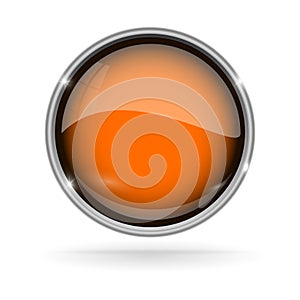 Orange button with chrome frame. Round glass shiny 3d icon