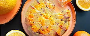Orange cake or pie. Cozy home baking concept. Still life with delicious pie, surrounded by citrus fruits. Top view, banner