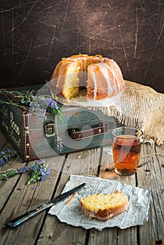 Orange cake with retro mood on an old bag