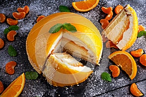 Orange Cake witch mousse, Mandarin saucea and fruit