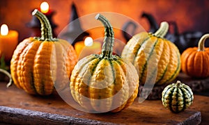 Orange calabaza pumpkins on a wooden table, natural and local whole food photo