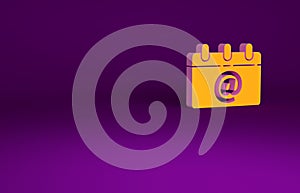 Orange Calendar with email icon isolated on purple background. Envelope symbol e-mail. Email message sign. Minimalism