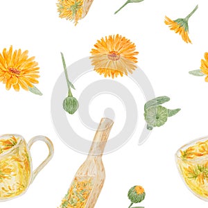Orange calendula officinalis in wooden scoop and for bulk products and glass cup of tea. Watercolor hand drawn seamless