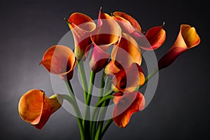 Orange Calla lilies (Zantedeschia) over black