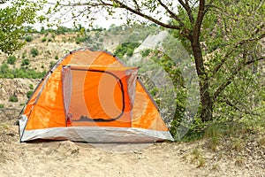 Orange camping tent near tree