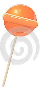 Orange candy on stick. Realistic round sweet lollipop isolated, kids delicious caramel, glossy sugar dessert, yummy