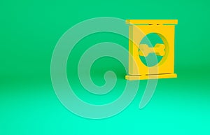 Orange Canned food icon isolated on green background. Food for animals. Pet food can. Dog bone sign. Minimalism concept