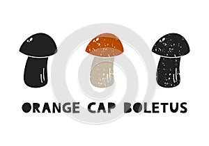 Orange cap boletus, silhouette icons set with lettering. Imitation of stamp, print with scuffs. Simple black shape and color