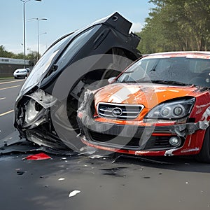 Orange car accident or crash on the road with another car