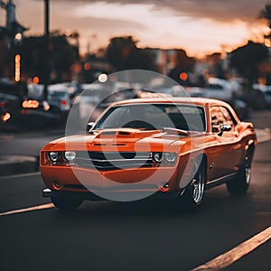 an orange car driving down a road during the night in traffic