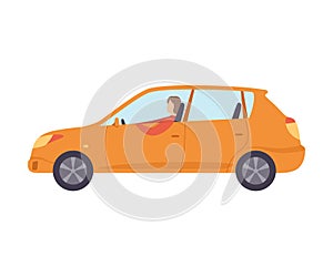 Orange Car with Male Driver, Side View Vector Illustration