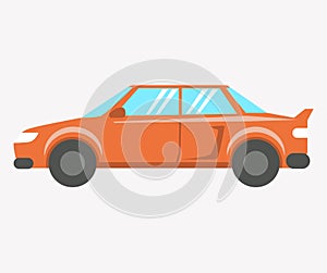 Orange car, modern hatchback side view. Automobile, driver driven vehicle with motor and wheels