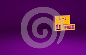 Orange Cardboard box with free symbol icon isolated on purple background. Box, package, parcel. Delivery, transportation