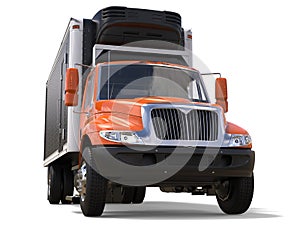 Orange cargo refrigerator truck with black trailer