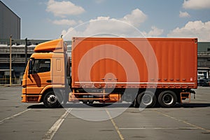 Orange cargo truck on the port