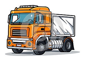 Orange cartoon dump truck with shadow on white background. Commercial vehicle vector illustration