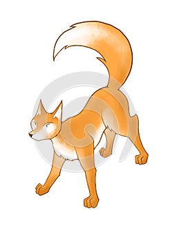 Orange cartoon fox on a transparent background. With a brown outline. Lush tail.