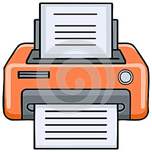 Orange cartoon office printer machine printing a document vector illustration