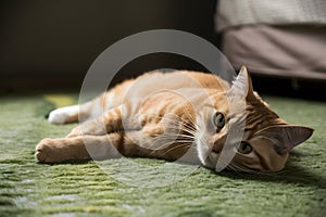 Orange cat on green textured carpet, relaxed, blurred background, comfortable