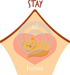 Orange cat inside the house with a heart, lettering stay at home, cute flat cartoon vector illustration