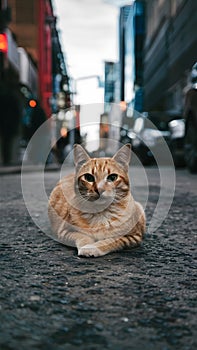 Orange cat lounges comfortably on the urban streets