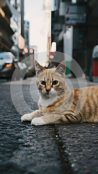 Orange cat lounges comfortably on the urban streets