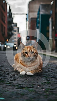 Orange cat lounges comfortably on the urban streets