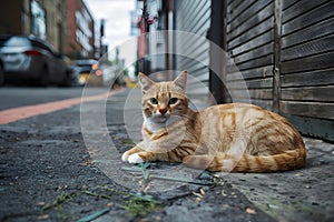 Orange cat lounges comfortably on the urban streets