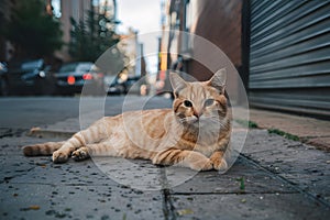 Orange cat lounges comfortably on the urban streets