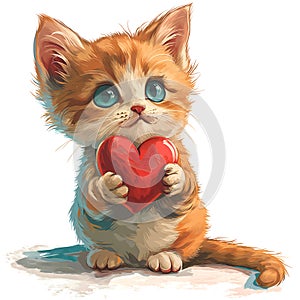 Orange cat and red heart for Valentine\'s Day