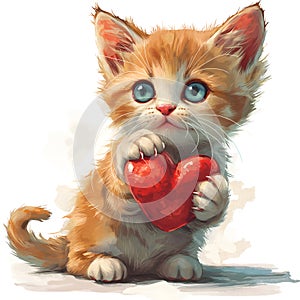 Orange cat and red heart for Valentine\'s Day