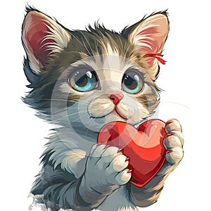 Orange cat and red heart for Valentine\'s Day