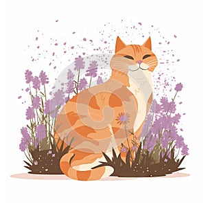 an orange cat sitting in a field of purple flowers and grass with its eyes closed and eyes closed, with a white background with