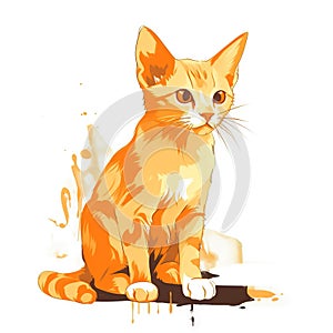 an orange cat sitting on the ground with a paint splattered background