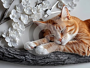 An orange cat sleeping on a branch with white flowers