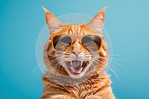 Orange cat with sunglasses on blue background. AI generated.